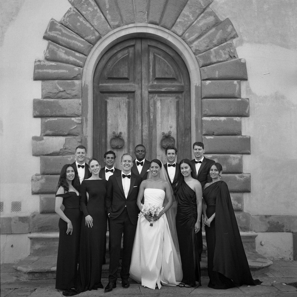 “Our stunning bridal party. The boys looked so dapper in their tuxedos. I wanted my bridal party in all black and both...